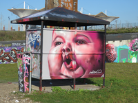 847112 Afbeelding van een graffitikunstwerk van 'deeffeed' op een JOP (Jongeren Ontmoetingsplek) bij de tijdelijke ...
